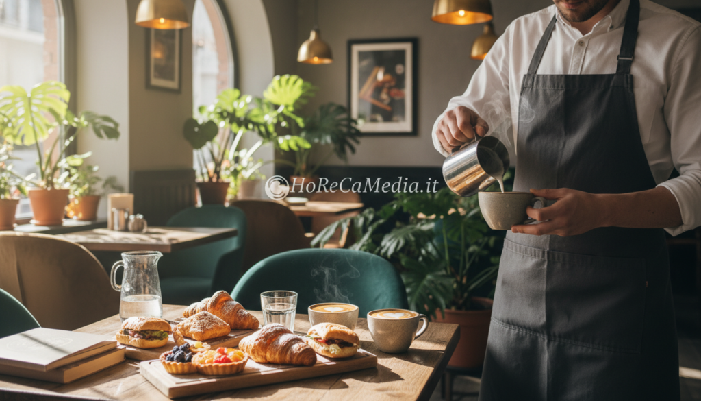 A beautifully arranged caffè esperienza scene set in a warm, inviting café atmosphere. In the foreground, a barista in professional attire meticulously pours a latte art heart into a cup, showcasing the skill and passion for specialty coffee. The middle layer features a wooden table adorned with artisanal pastries and light snacks, highlighted by delicate natural lighting filtering through large windows, creating a soft glow around the setup. The background includes rich green plants and cozy seating arrangements, suggesting a comfortable space for socializing. The mood is serene and uplifting, evoking a sense of escape and indulgence. Capture the essence of specialty coffee as a sensory experience while maintaining a professional yet casual tone. The brand "HoReCaMedia.it" is subtly incorporated into the café environment, enhancing the overall ambiance without being overt.