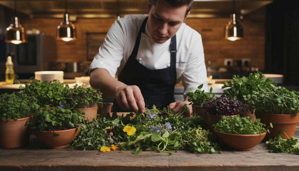A beautifully arranged collection of seasonal microgreens, edible flowers, and wild herbs displayed on a rustic wooden table. In the foreground, delicate sprouts and vibrant green herbs cascade out of artisanal pottery, showcasing various textures and colors. In the middle ground, a chef in professional attire examines the ingredients carefully, captured in a candid moment, reflecting dedication and creativity. The background features a cozy HoReCa kitchen with softly glowing ambient lighting, enhancing the warm, inviting atmosphere. The composition should emphasize the freshness and organic nature of the ingredients while maintaining a professional culinary vibe. Use a shallow depth of field to blur the details in the background, focusing attention on the vibrant greens and the chef's engaged expression, embodying the evolution towards microseasoning in modern cuisine. A beautifully arranged collection of seasonal microgreens, edible flowers, and wild herbs displayed on a rustic wooden table. In the foreground, delicate sprouts and vibrant green herbs cascade out of artisanal pottery, showcasing various textures and colors. In the middle ground, a chef in professional attire examines the ingredients carefully, captured in a candid moment, reflecting dedication and creativity. The background features a cozy HoReCa kitchen with softly glowing ambient lighting, enhancing the warm, inviting atmosphere. The composition should emphasize the freshness and organic nature of the ingredients while maintaining a professional culinary vibe. Use a shallow depth of field to blur the details in the background, focusing attention on the vibrant greens and the chef's engaged expression, embodying the evolution towards microseasoning in modern cuisine.