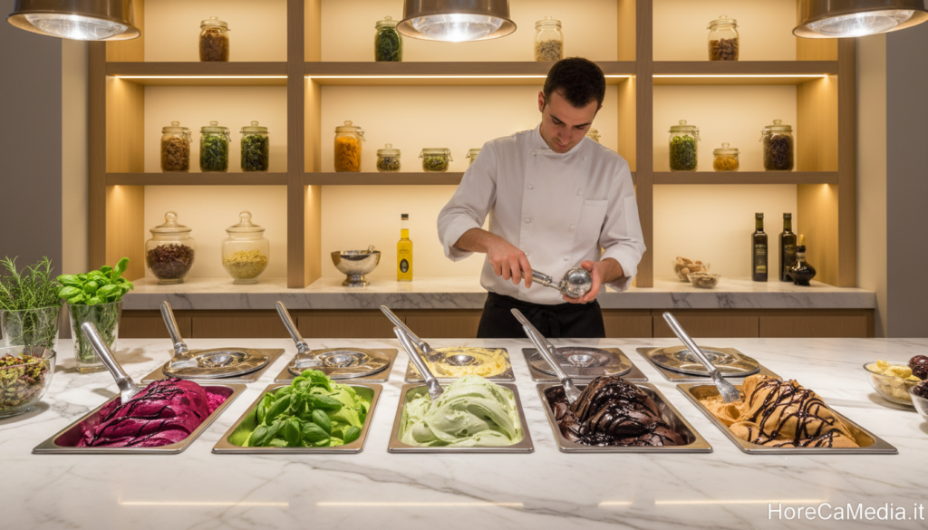 A beautifully arranged gourmet gelato station in a modern Italian restaurant setting. The foreground features an array of artisanal gelato flavors with unique savory ingredients like roasted beet, basil, and aged balsamic vinegar, presented in elegant metal scoops on a polished marble counter. In the middle, a chef in a crisp white jacket and black pants skillfully prepares gelato, using traditional tools like spatulas and scoops. The background includes soft-lit shelves displaying fresh ingredients like herbs and gourmet toppings, enhancing the ambiance. Warm, inviting lighting casts a soft glow over the scene, creating a sophisticated and inviting atmosphere. The image should convey a sense of culinary artistry and innovation, ideal for a high-end dining experience. HoReCaMedia.it