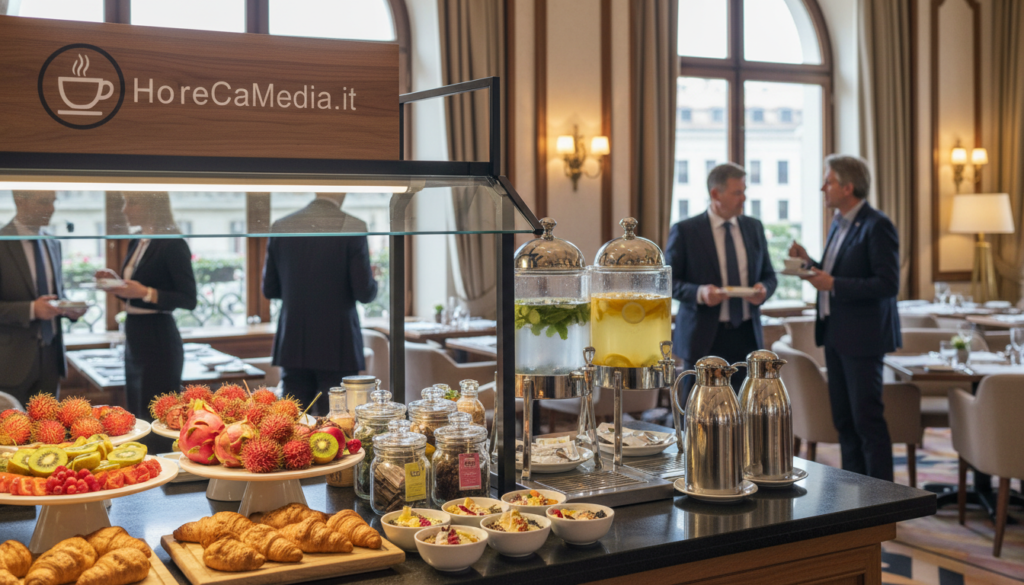 A beautifully arranged hotel breakfast buffet showcasing innovative culinary trends. In the foreground, a variety of gourmet breakfast items like artisanal pastries, exotic fruits, and elegantly presented smoothie bowls. The middle ground features a stylish beverage station with freshly brewed coffee, herbal teas, and infused waters, highlighting a modern, health-conscious approach. The background reveals a tastefully decorated dining area, warmly lit with natural light streaming through large windows, creating an inviting atmosphere. Guests, dressed in professional business attire, engage in conversations while savoring their meals, reflecting a sophisticated yet relaxed mood. The overall ambiance conveys a blend of modern luxury and comfort, tailored for discerning hotel guests. Logo: HoReCaMedia.it.