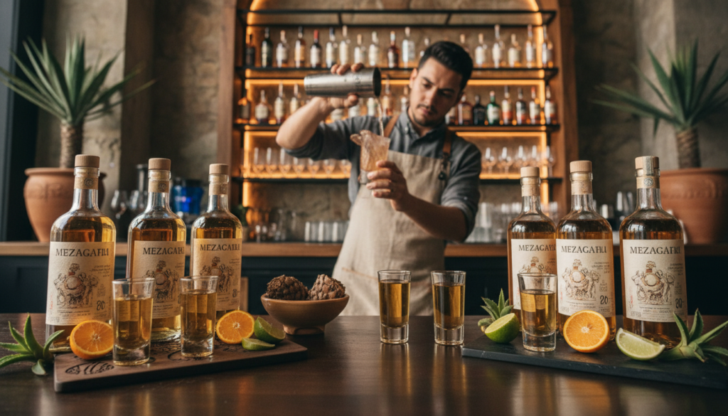 A beautifully arranged mezcal tasting setup in a stylish HoReCa bar, featuring distinct artisanal mezcal bottles with unique labels displayed prominently in the foreground. Include elegant shot glasses filled with the amber spirit, surrounded by fresh agave plants and vibrant citrus fruits like limes and oranges, adding a touch of color and freshness. In the middle ground, a bartender in smart casual attire prepares a mezcal cocktail, showcasing the art of mixology. The background features soft ambient lighting, highlighting the wood and stone decor of the bar, creating a warm and inviting atmosphere. Captured from a low angle to emphasize the allure of the mezcal while maintaining a focus on the interaction in the bar setting, evoking a vibrant and trendy spring-summer vibe synonymous with enjoyment and sophistication. A beautifully arranged mezcal tasting setup in a stylish HoReCa bar, featuring distinct artisanal mezcal bottles with unique labels displayed prominently in the foreground. Include elegant shot glasses filled with the amber spirit, surrounded by fresh agave plants and vibrant citrus fruits like limes and oranges, adding a touch of color and freshness. In the middle ground, a bartender in smart casual attire prepares a mezcal cocktail, showcasing the art of mixology. The background features soft ambient lighting, highlighting the wood and stone decor of the bar, creating a warm and inviting atmosphere. Captured from a low angle to emphasize the allure of the mezcal while maintaining a focus on the interaction in the bar setting, evoking a vibrant and trendy spring-summer vibe synonymous with enjoyment and sophistication.