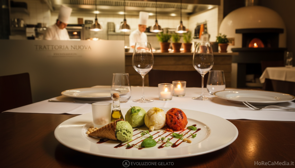 A beautifully arranged plate of gourmet gelato in an upscale Italian restaurant setting, showcasing an innovative selection of savory flavors such as basil, olive oil, and roasted red pepper. In the foreground, a delicate cone of gelato sits artistically drizzled with balsamic glaze and garnished with fresh herbs. The middle ground features an elegant dining table set with fine china and crystal glasses, softly reflecting ambient candlelight. In the background, an open kitchen can be seen, hinting at chefs preparing gourmet dishes, creating a warm and inviting atmosphere. The lighting is soft and intimate, imbuing the scene with a sense of culinary sophistication. The image embodies the evolution of gelato in high cuisine, ideal for HoReCaMedia.it.
