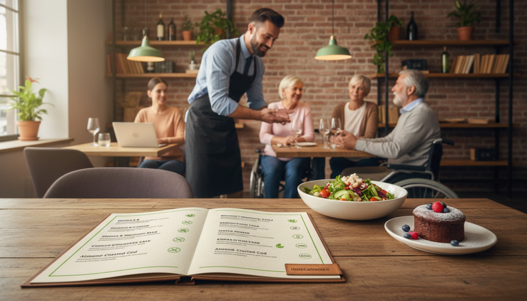 A beautifully arranged restaurant menu showcasing allergen communication, placed on a rustic wooden table. In the foreground, a well-designed menu features clear allergen symbols next to various dishes, with a vibrant salad and an allergen-friendly dessert being highlighted. In the middle, a professional-looking server in a smart casual outfit is attentively discussing the menu with a group of diverse customers, emphasizing the importance of allergen awareness. The background reveals a cozy restaurant ambiance, adorned with soft lighting and tasteful decor, creating an inviting atmosphere. The image should have a warm color palette with a focus on natural light streaming through a nearby window, enhancing the sense of hospitality. The brand name "HoReCaMedia.it" is subtly integrated into the scene without being overt. A beautifully arranged restaurant menu showcasing allergen communication, placed on a rustic wooden table. In the foreground, a well-designed menu features clear allergen symbols next to various dishes, with a vibrant salad and an allergen-friendly dessert being highlighted. In the middle, a professional-looking server in a smart casual outfit is attentively discussing the menu with a group of diverse customers, emphasizing the importance of allergen awareness. The background reveals a cozy restaurant ambiance, adorned with soft lighting and tasteful decor, creating an inviting atmosphere. The image should have a warm color palette with a focus on natural light streaming through a nearby window, enhancing the sense of hospitality. The brand name "HoReCaMedia.it" is subtly integrated into the scene without being overt.