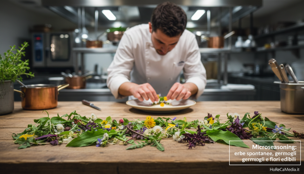 A beautifully arranged selection of edible wild herbs, sprouts, and flowers featured in a professional kitchen setting, capturing the essence of microseasoning in 2026. In the foreground, vibrant green and purple herbs like wild garlic and dandelion greens are artistically scattered on a rustic wooden countertop, with delicate sprigs of edible flowers nestling among them. The middle ground showcases a chef in a crisp white coat, meticulously garnishing a plate with these ingredients, exuding a sense of professionalism and creativity. In the background, a softly lit commercial kitchen hints at high-end culinary practices, with glistening utensils and pots reflecting ambient light. The mood is vibrant yet serene, emphasizing the innovative use of nature's bounty in gastronomy. This composition embodies the theme of "Microseasoning: erbe spontanee, germogli e fiori edibili” for HoReCaMedia.it. A beautifully arranged selection of edible wild herbs, sprouts, and flowers featured in a professional kitchen setting, capturing the essence of microseasoning in 2026. In the foreground, vibrant green and purple herbs like wild garlic and dandelion greens are artistically scattered on a rustic wooden countertop, with delicate sprigs of edible flowers nestling among them. The middle ground showcases a chef in a crisp white coat, meticulously garnishing a plate with these ingredients, exuding a sense of professionalism and creativity. In the background, a softly lit commercial kitchen hints at high-end culinary practices, with glistening utensils and pots reflecting ambient light. The mood is vibrant yet serene, emphasizing the innovative use of nature's bounty in gastronomy. This composition embodies the theme of "Microseasoning: erbe spontanee, germogli e fiori edibili” for HoReCaMedia.it.