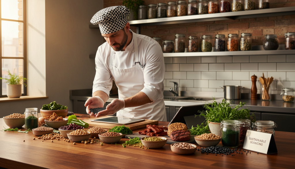 A beautifully arranged selection of plant-based proteins displayed on a wooden countertop in a professional kitchen. In the foreground, vibrant legumes such as chickpeas, lentils, and colorful beans are arranged beside fresh seaweed and innovative plant-based products like meat alternatives. In the middle ground, a chef in a crisp white apron examines ingredients, showcasing a focus on quality and sustainability in the culinary arts. The background features organized shelves with herbs and spices, soft natural light streaming through a window, creating a warm and inviting atmosphere. The whole scene exudes a sense of professionalism and modernity, ideal for a HoReCa setting, emphasizing the diverse and appealing nature of plant-based proteins for menus.