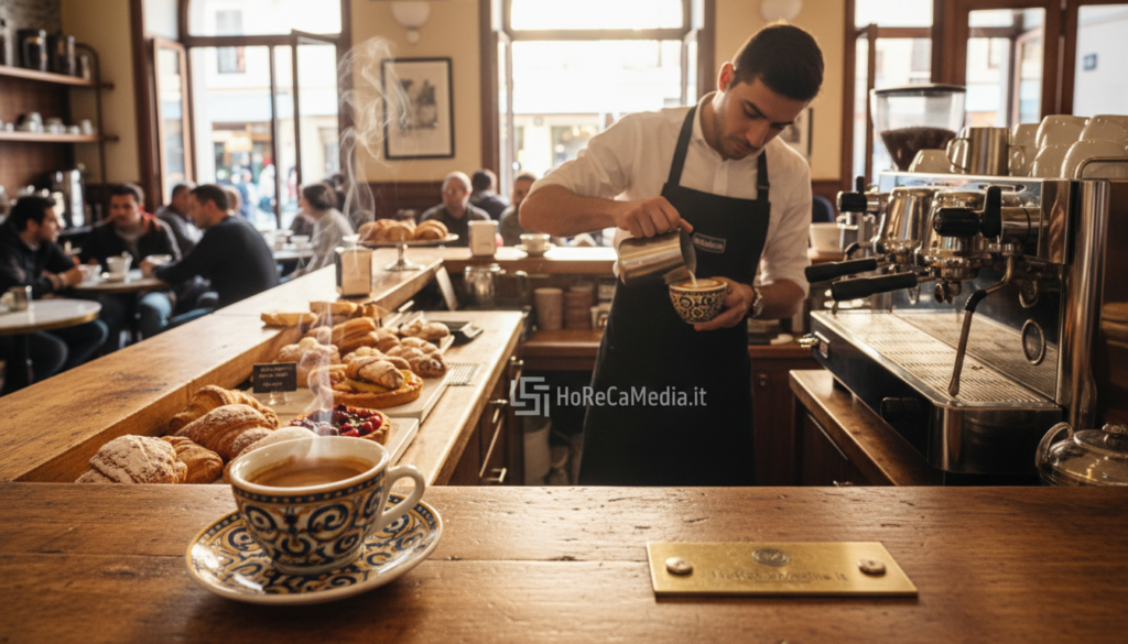 A beautifully arranged specialty coffee scene in an elegant Italian café. In the foreground, a steaming cup of rich, dark espresso, served in a ceramic cup with intricate designs. Behind it, a skilled barista in professional attire, focused on pouring latte art with precision. In the middle ground, a rustic wooden counter adorned with freshly baked pastries and a sleek espresso machine, reflecting a blend of modern and traditional aesthetics. The background showcases a vibrant café environment, with patrons enjoying their coffee, warm sunlight filtering through large windows, casting a soft glow. The atmosphere is inviting, evoking the passion for coffee in Italian culture. The image should capture the essence of “HoReCaMedia.it” while emphasizing the third wave specialty coffee movement in Italy.
