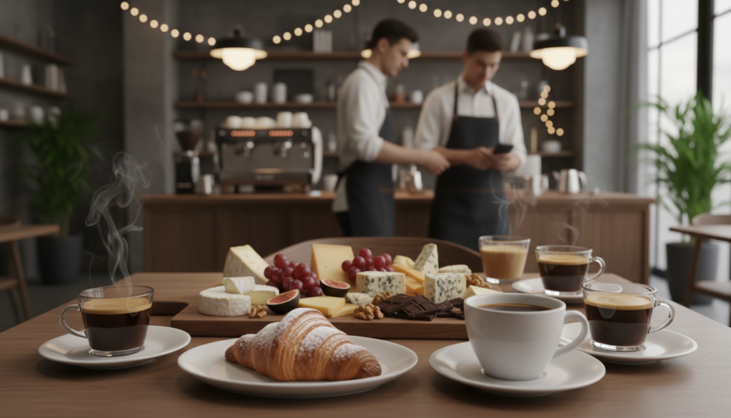 A beautifully arranged table in a modern café setting showcasing a variety of specialty coffee and gourmet food pairings for 2026. In the foreground, a steaming cup of rich, aromatic coffee sits beside a delicate plate of artisanal pastries, emphasizing the luxurious experience. The middle ground features an elegant cheese platter with vibrant fruits, nuts, and chocolates, thoughtfully paired with different coffee varieties, highlighting innovative flavor combinations. In the background, baristas in professional attire prepare coffee with precision, under warm, inviting lighting that creates a cozy atmosphere. The overall vibe is sophisticated yet approachable, capturing the essence of a cutting-edge culinary experience in the HoReCa sector. The image excludes any text, ensuring a seamless visual presentation that conveys the evolving trends in specialty coffee pairings.