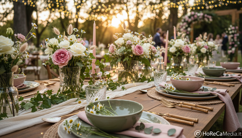 A beautifully arranged table setting for a sustainable wedding banquet, featuring an elegant color palette of soft greens, blush pinks, and creamy whites. In the foreground, showcase artisanal tableware made from eco-friendly materials, adorned with delicate wildflowers and lush greenery. In the middle ground, display carefully curated centerpieces that blend nature with sophistication, incorporating recycled glass vases and organic fabrics. The background should include an enchanting outdoor venue, bathed in warm golden hour lighting, with twinkling fairy lights overhead, creating a romantic atmosphere. The image should evoke a sense of luxury intertwined with sustainability, capturing the essence of upscale wedding decorations. Capture this scene with a shallow depth of field, emphasizing the intricate details of the table settings. HoReCaMedia.it.