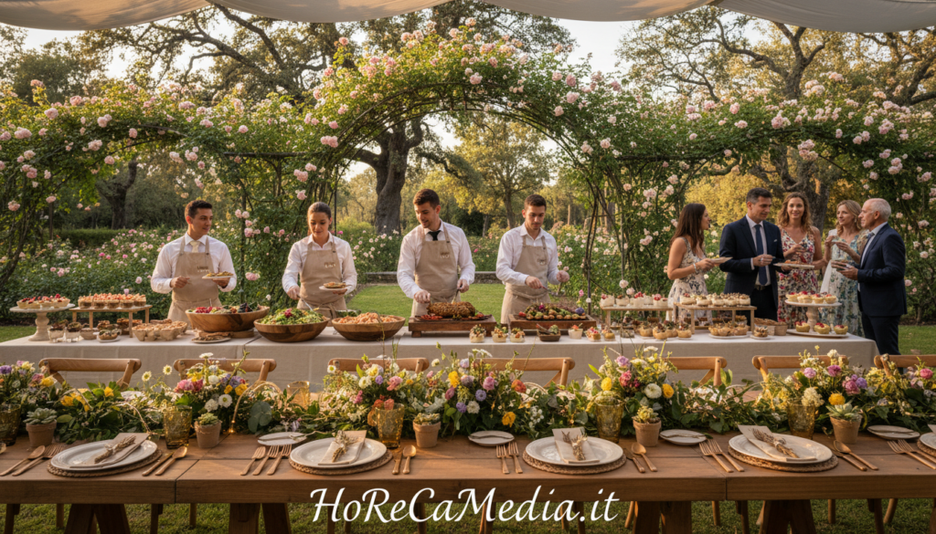 A beautifully arranged wedding catering setup showcasing sustainable personalization in a picturesque outdoor setting. In the foreground, elegantly designed wooden tables are adorned with eco-friendly tableware, lush greenery, and seasonal flowers. The middle ground features professional catering staff in modest, professional attire, engaging with happy guests enjoying gourmet buffet stations. The background includes a stunning garden, with soft, natural lighting casting a warm glow over the scene, enhancing the inviting atmosphere. The focus is on the intricate details of the food presentation, emphasizing artful, sustainable dishes that reflect modern dining trends. Capture this harmonious and upscale scene that embodies the essence of sustainable wedding catering in 2026. HoReCaMedia.it