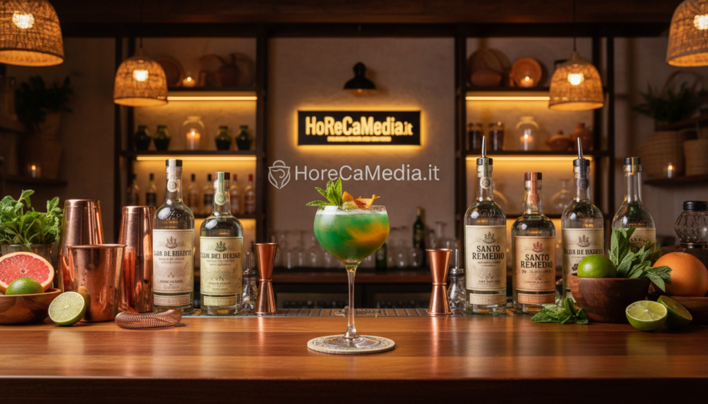 A beautifully crafted agave mezcal cocktail sits prominently in the foreground, featuring a glass with elegant curves, filled with a vibrant mix of green and orange hues, garnished with a sprig of fresh mint and a slice of citrus. In the middle ground, a stylishly arranged bar counter is adorned with assorted bottle labels highlighting artisan mezcal varieties, alongside artisanal cocktail tools and fresh ingredients scattered artistically. The background plays host to a warm, inviting bar atmosphere illuminated by soft, ambient lighting, casting a golden glow on rustic wood and handcrafted decor. The scene captures the essence of tradition interwoven with contemporary flair, embodying the vibrant cocktail culture. This exquisite composition reflects the evolving trends in Italian aperitivo bars for 2026, with an emphasis on quality and innovation. HoReCaMedia.it. A beautifully crafted agave mezcal cocktail sits prominently in the foreground, featuring a glass with elegant curves, filled with a vibrant mix of green and orange hues, garnished with a sprig of fresh mint and a slice of citrus. In the middle ground, a stylishly arranged bar counter is adorned with assorted bottle labels highlighting artisan mezcal varieties, alongside artisanal cocktail tools and fresh ingredients scattered artistically. The background plays host to a warm, inviting bar atmosphere illuminated by soft, ambient lighting, casting a golden glow on rustic wood and handcrafted decor. The scene captures the essence of tradition interwoven with contemporary flair, embodying the vibrant cocktail culture. This exquisite composition reflects the evolving trends in Italian aperitivo bars for 2026, with an emphasis on quality and innovation. HoReCaMedia.it.
