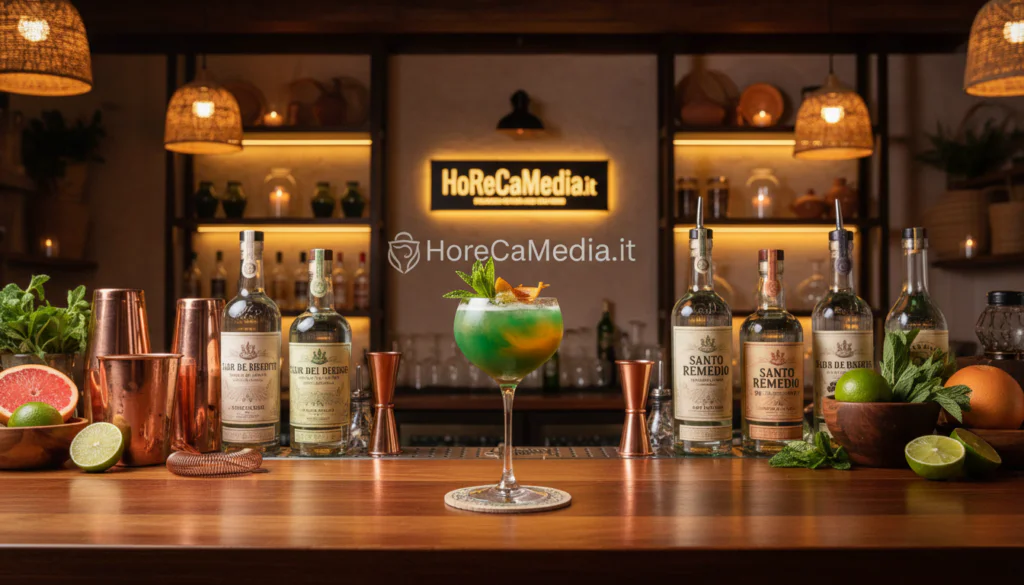 A beautifully crafted agave mezcal cocktail sits prominently in the foreground, featuring a glass with elegant curves, filled with a vibrant mix of green and orange hues, garnished with a sprig of fresh mint and a slice of citrus. In the middle ground, a stylishly arranged bar counter is adorned with assorted bottle labels highlighting artisan mezcal varieties, alongside artisanal cocktail tools and fresh ingredients scattered artistically. The background plays host to a warm, inviting bar atmosphere illuminated by soft, ambient lighting, casting a golden glow on rustic wood and handcrafted decor. The scene captures the essence of tradition interwoven with contemporary flair, embodying the vibrant cocktail culture. This exquisite composition reflects the evolving trends in Italian aperitivo bars for 2026, with an emphasis on quality and innovation. HoReCaMedia.it. A beautifully crafted agave mezcal cocktail sits prominently in the foreground, featuring a glass with elegant curves, filled with a vibrant mix of green and orange hues, garnished with a sprig of fresh mint and a slice of citrus. In the middle ground, a stylishly arranged bar counter is adorned with assorted bottle labels highlighting artisan mezcal varieties, alongside artisanal cocktail tools and fresh ingredients scattered artistically. The background plays host to a warm, inviting bar atmosphere illuminated by soft, ambient lighting, casting a golden glow on rustic wood and handcrafted decor. The scene captures the essence of tradition interwoven with contemporary flair, embodying the vibrant cocktail culture. This exquisite composition reflects the evolving trends in Italian aperitivo bars for 2026, with an emphasis on quality and innovation. HoReCaMedia.it.