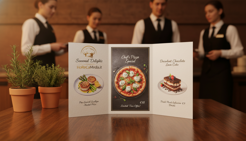 A beautifully designed restaurant menu placed elegantly on a polished wooden table, showcasing a variety of gourmet dishes. The menu features vibrant illustrations of culinary delights and tasteful typography, highlighting special offers and seasonal items. In the background, there are blurred silhouettes of attentive staff dressed in professional attire, creating an inviting dining atmosphere. Soft, warm lighting casts a cozy glow over the scene, enhancing the colors of the food images. A subtle hint of greenery in the form of potted herbs adds a touch of freshness. Capture the essence of menu engineering with a focus on enticing visuals and strategic layout. Ideal for an informative article about restaurant marketing techniques. Brand logo "HoReCaMedia.it" is incorporated discreetly into the design.