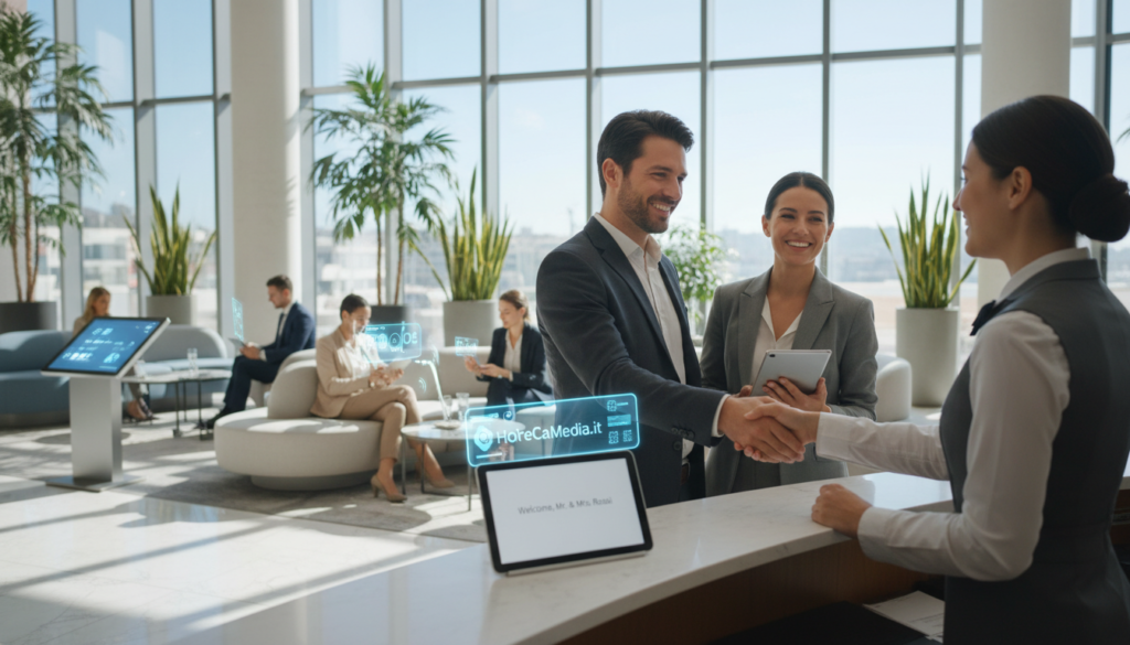 A bright, modern hotel lobby filled with guests interacting with friendly staff, showcasing personalized experiences. In the foreground, a couple receiving a warm welcome from a receptionist, both dressed in professional business attire, displaying a sense of comfort and attention. In the middle, an open lounge area with tasteful decor, including plants and comfortable seating where guests are engaging with digital devices, symbolizing the integration of AI in hospitality. The background features large windows showcasing a sunny day outside, creating an inviting atmosphere. Use soft, natural lighting to enhance warmth and approachability, with a slightly blurred depth of field to focus on human connection and technology. Include the brand name "HoReCaMedia.it" subtly integrated into the scene.