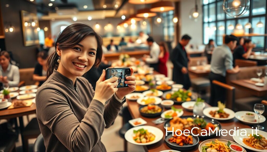A bustling HoReCa setting showcasing influencer marketing in the food industry. In the foreground, a professional-looking influencer, dressed in stylish but modest clothing, captures mouth-watering gourmet dishes with a modern smartphone, while smiling at the camera. The middle ground features elegantly arranged tables filled with visually appealing plates, vibrant colors, and garnishes, representing diverse cuisines. In the background, a warm ambiance with soft lighting highlights restaurant staff engaged in interaction with guests, enhancing the sense of community and connection. The atmosphere is lively and inviting, conveying the effectiveness of influencer marketing in attracting food enthusiasts. The brand logo "HoReCaMedia.it" subtly integrated into the scene, ensuring a professional appearance.