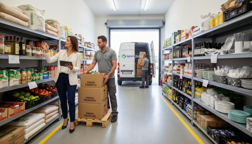 A bustling HoReCa supply chain environment, featuring a well-organized stock room filled with diverse food items and beverages. In the foreground, a professional businesswoman, dressed in smart attire, reviews an inventory list on a tablet, while a dedicated warehouse worker assists her by arranging neatly packed boxes. The middle space shows shelves stocked with ingredients and packaging, illuminated by bright overhead lights that cast a clean ambiance. In the background, a delivery van with the logo "HoReCaMedia.it" is parked outside, ready for dispatch. The atmosphere conveys efficiency and collaboration, emphasizing the importance of optimizing supply chains in the HoReCa sector. The setting is vibrant and dynamic, capturing the essence of modern food service operations.