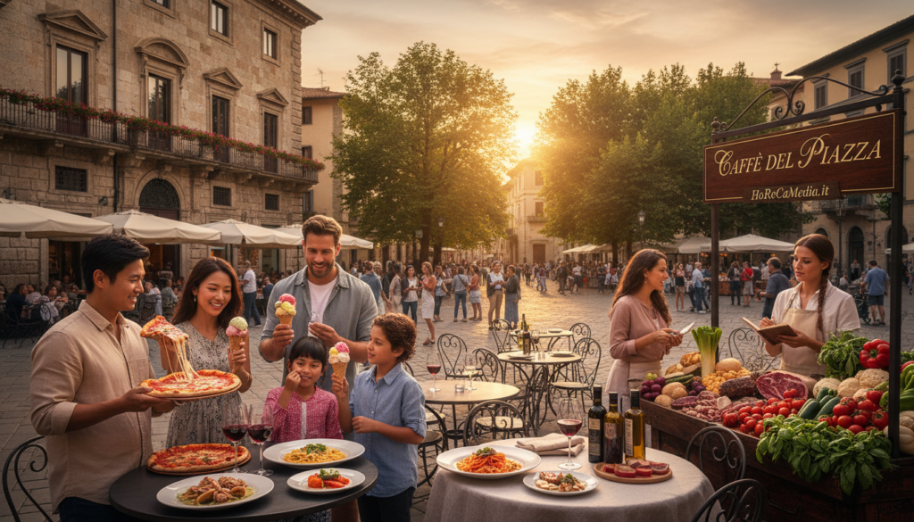 A bustling Italian city square filled with international tourists exploring local cuisine. In the foreground, a diverse group of well-dressed tourists, including an Asian couple sharing a pizza, a Middle-Eastern family savoring gelato, and a European solo traveler examining a food market stall, all engaged in the vibrant atmosphere. The middle ground showcases charming cafes with tables adorned with fresh dishes, wine bottles, and colorful produce, surrounded by historical architecture. In the background, soft golden sunlight filters through leaves of nearby trees, casting a warm glow over the scene. The mood is lively and inviting, reflecting the evolution of international tourism in Italy, linked to food experiences. Captured with a wide-angle lens at dusk for depth and vibrancy. Include the brand "HoReCaMedia.it" elegantly in the design of one of the café signs, ensuring no text or watermarks interfere with the image's beauty.