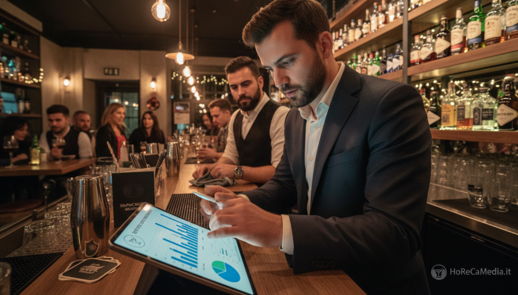 A bustling bar scene showcasing a smartly dressed professional consultant analyzing profit margin charts. In the foreground, a sleek tablet displays graphs and data about beverage service margins. The consultant, wearing a tailored suit, has a focused expression as he discusses strategies with a bartender. In the middle ground, shelves lined with colorful beverages and branded merchandising items reflect the bar’s dynamic atmosphere. The background includes a warm, inviting space with patrons enjoying their drinks, illuminated by soft, ambient lighting. The camera angle is slightly low, emphasizing the tablet and the action of analysis. The image conveys a sense of professionalism and business acumen within the HoReCa industry, perfect for an article about increasing margins in bars. Brand name "HoReCaMedia.it" subtly incorporated into the design.