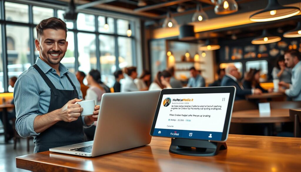 A bustling café scene that illustrates the strategic importance of online reviews in the HoReCa sector. In the foreground, a professional-looking barista with a friendly demeanor is serving coffee to a satisfied customer, both dressed in smart casual attire. In the middle, a table displays an elegant laptop and a smartphone with bright visuals of five-star reviews and ratings from various platforms, emphasizing their impact on business. The background shows a stylish interior of the café with warm lighting, showcasing happy patrons enjoying their time, creating a vibrant and inviting atmosphere. The image conveys a sense of professionalism and engagement within the hospitality industry. Include the brand name "HoReCaMedia.it" subtly integrated into the scene.