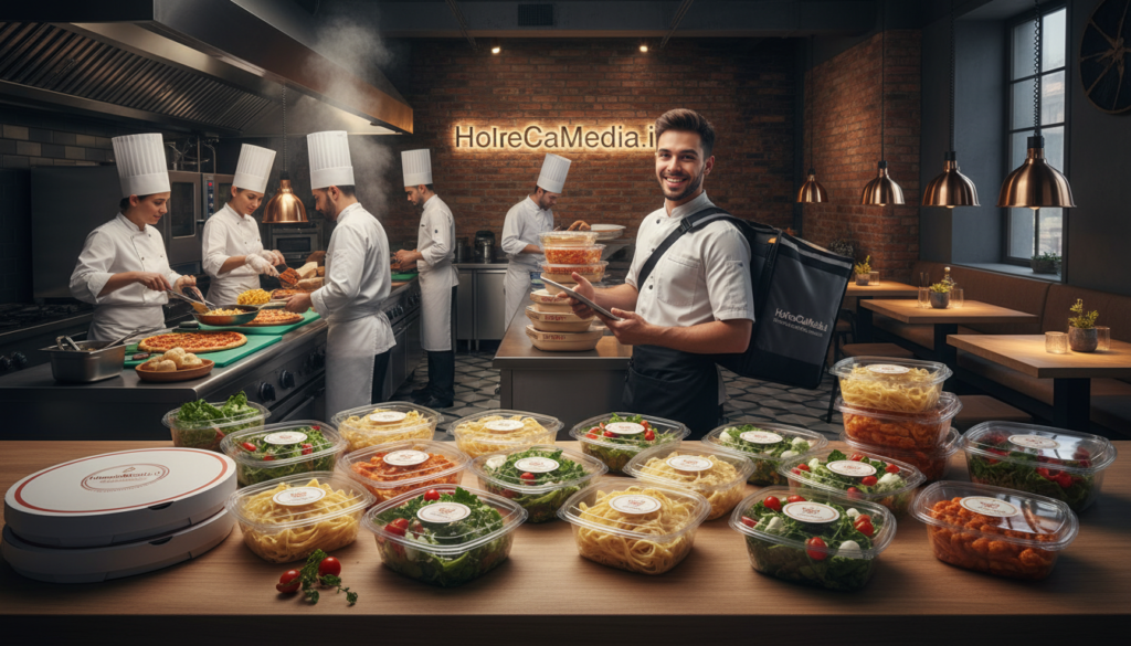 A bustling kitchen of a modern restaurant, showcasing a diverse team of chefs in professional uniforms preparing various dishes for delivery. In the foreground, an assortment of brightly colored food containers filled with delicious Italian cuisine, including pizza, pasta, and salads, arranged artfully. In the middle ground, a delivery person with a branded bag stands ready to collect orders, smiling and appearing energetic. The background features a stylish restaurant interior with contemporary decor, emphasizing a vibrant atmosphere. Soft, warm lighting highlights the food, creating an inviting mood. The image conveys activity and efficiency in the food delivery sector, with the brand name "HoReCaMedia.it" subtly integrated into the restaurant's decor. The scene captures the essence of the booming food delivery market in Italy, focusing on the current state of the industry.