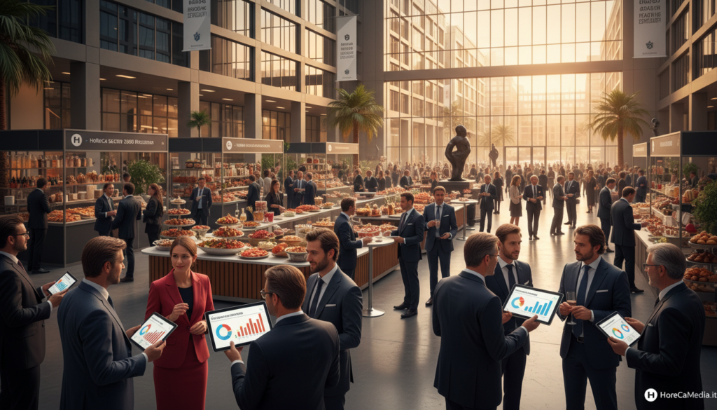 A bustling mercado ristorazione scene, vibrant and lively, showcasing a diverse assembly of hotel and restaurant professionals collaborating. In the foreground, a group of individuals in professional business attire engaged in dynamic discussions, presenting digital tablets with data charts and forecasts for the 2026 horeca sector. In the middle ground, a variety of food displays and clusters of guests enjoying fine dining, embodying a rich culinary atmosphere. The background features modern architecture of a hotel and restaurant complex, with large windows letting in warm natural light, casting soft shadows. The overall mood is optimistic and forward-looking, conveyed through bright colors and a lively, engaging ambiance. Include subtle branding elements to reflect HoReCaMedia.it, highlighting the importance of data-driven strategies for the future.