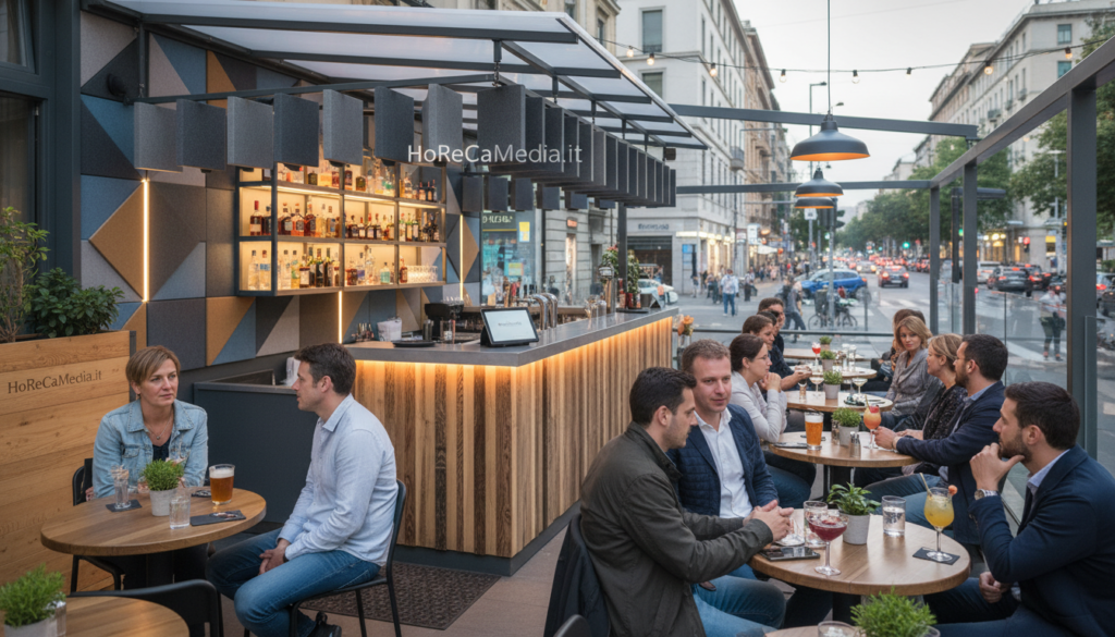 A bustling outdoor café scene highlighting the effects of noise pollution regulations for public venues. In the foreground, patrons enjoying drinks at tables, dressed in modest casual clothing, engaged in conversation. The middle ground includes a bar with a modern design, showcasing sound-absorbing materials like acoustic panels. In the background, a cityscape with visible traffic and pedestrians, emphasizing the noise around. Soft, warm lighting enhances a lively yet regulated atmosphere. The angle should be slightly elevated, capturing the vibrancy and structure of the space while reflecting the theme of public noise regulation compliance. Avoid distractions and ensure a clean composition. Include subtle branding elements of "HoReCaMedia.it" in the scene. A bustling outdoor café scene highlighting the effects of noise pollution regulations for public venues. In the foreground, patrons enjoying drinks at tables, dressed in modest casual clothing, engaged in conversation. The middle ground includes a bar with a modern design, showcasing sound-absorbing materials like acoustic panels. In the background, a cityscape with visible traffic and pedestrians, emphasizing the noise around. Soft, warm lighting enhances a lively yet regulated atmosphere. The angle should be slightly elevated, capturing the vibrancy and structure of the space while reflecting the theme of public noise regulation compliance. Avoid distractions and ensure a clean composition. Include subtle branding elements of "HoReCaMedia.it" in the scene.