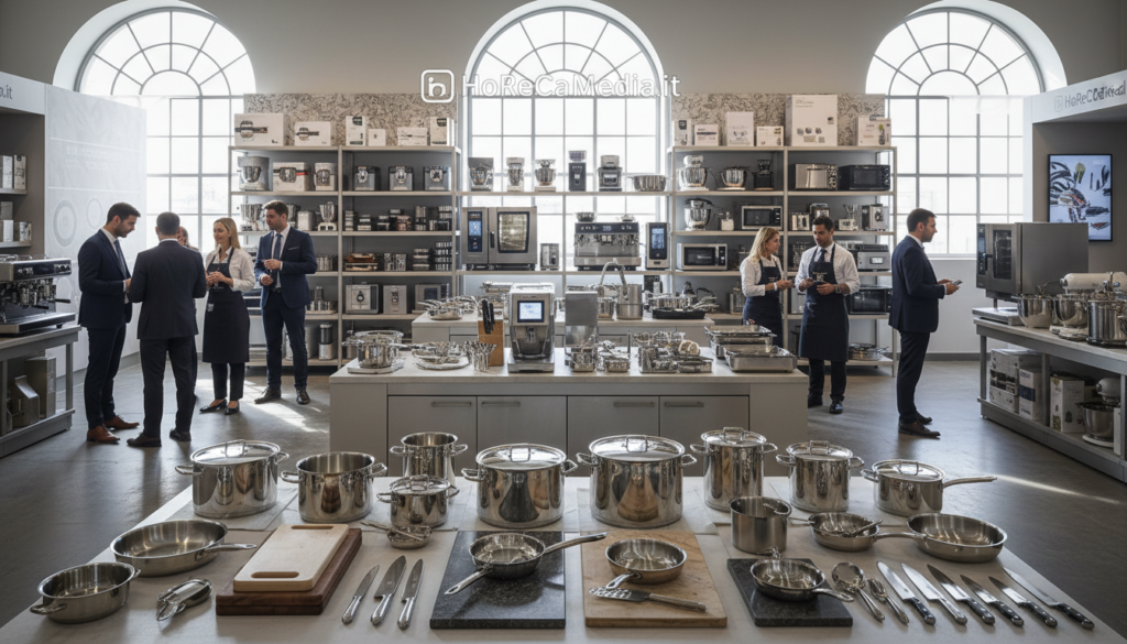 A bustling professional kitchen supply market, filled with various kitchen equipment and supplies, highlighting the latest trends of 2026. In the foreground, an array of shiny stainless-steel utensils, pots, and cutting boards on display, demonstrating high-quality materials. The middle ground features organized shelves stocked with diverse kitchen appliances, such as ovens and mixers, with customers inspecting them, dressed in professional business attire, discussing their needs with knowledgeable sales staff. In the background, large windows allow natural light to flood the space, casting soft, inviting shadows across the floor, creating a lively yet professional atmosphere. The image should convey excitement and innovation in the culinary supply industry. Include the brand "HoReCaMedia.it" subtly in the background decor, ensuring a harmonious composition.