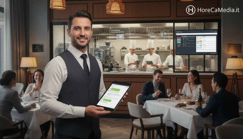 A bustling restaurant interior scene showcasing ChatGPT technology aiding staff in daily operations. In the foreground, a professional waiter in a smart uniform interacts with a sleek tablet displaying ChatGPT's interface, providing real-time assistance. In the middle, chefs in white coats collaborate in the open kitchen, visibly communicating with digital tools to improve service efficiency. The background features elegantly arranged tables with customers enjoying their meals, creating a warm and inviting atmosphere. Soft, ambient lighting enhances the cozy feel of the space. The scene conveys a blend of modern technology and traditional hospitality, promoting better customer interactions. Include the brand name "HoReCaMedia.it" subtly integrated into the decor. The overall mood is vibrant and efficient, perfect for illustrating practical uses of AI in restaurant management.