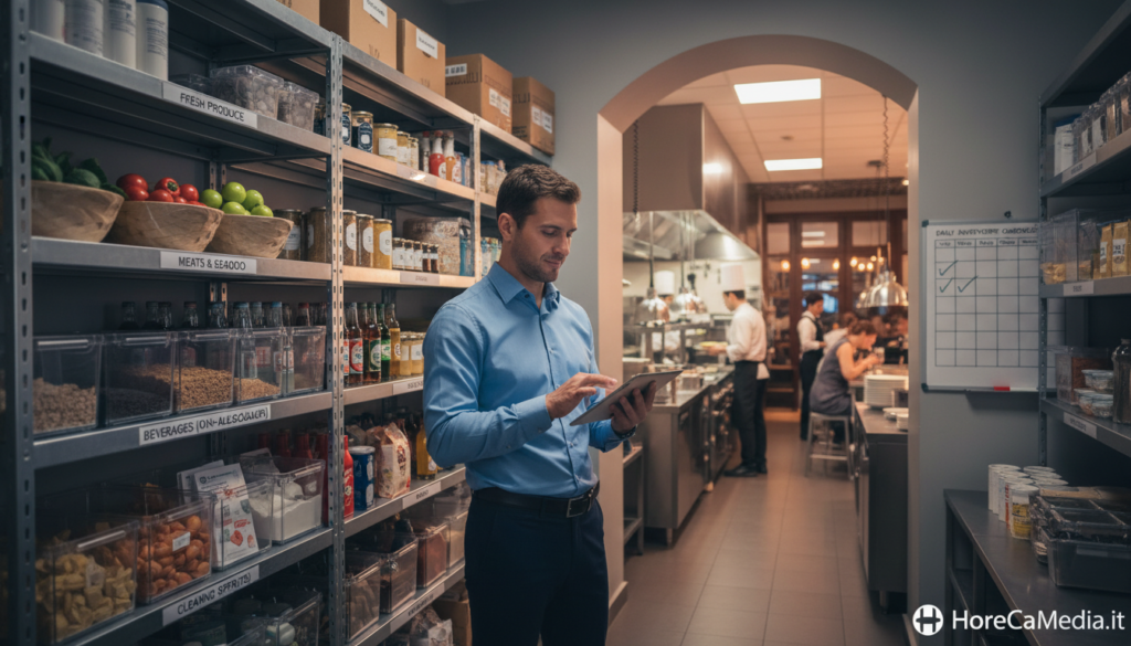 A bustling restaurant inventory room, showcasing well-organized shelves filled with fresh ingredients, beverages, and supplies. In the foreground, a professional employee in business attire checks stock on a handheld device, with a focused yet calm expression. In the middle ground, a clear and organized stock management system is visible, featuring shelves labeled for easy identification. The background includes slightly blurred kitchen equipment and a busy restaurant atmosphere, hinting at the operations taking place beyond. Soft, warm lighting creates an inviting and productive atmosphere, while the angle captures the efficiency and strategic planning needed in the hospitality sector. The image should reflect the essence of inventory management in the HoReCa industry, emphasizing order and reducing waste. HoReCaMedia.it A bustling restaurant inventory room, showcasing well-organized shelves filled with fresh ingredients, beverages, and supplies. In the foreground, a professional employee in business attire checks stock on a handheld device, with a focused yet calm expression. In the middle ground, a clear and organized stock management system is visible, featuring shelves labeled for easy identification. The background includes slightly blurred kitchen equipment and a busy restaurant atmosphere, hinting at the operations taking place beyond. Soft, warm lighting creates an inviting and productive atmosphere, while the angle captures the efficiency and strategic planning needed in the hospitality sector. The image should reflect the essence of inventory management in the HoReCa industry, emphasizing order and reducing waste. HoReCaMedia.it
