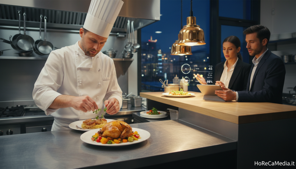 A bustling restaurant kitchen, showcasing a professional chef in a crisp white uniform, meticulously preparing dishes for delivery. In the foreground, a steaming plate of gourmet food is elegantly presented, with fresh ingredients artfully arranged around it. The middle ground features two employees dressed in smart casual attire, discussing delivery logistics at a sleek counter with a digital tablet displaying delivery metrics. The background shows a clean, organized kitchen with a window revealing cityscape, underscoring the connection to the outside world. Soft, warm lighting enhances the inviting atmosphere, accentuated by the gentle glow from overhead fixtures, creating a sense of urgency yet professionalism. Overall, the image conveys the importance of effective delivery management in maintaining quality and margins in the restaurant industry. HoReCaMedia.it. A bustling restaurant kitchen, showcasing a professional chef in a crisp white uniform, meticulously preparing dishes for delivery. In the foreground, a steaming plate of gourmet food is elegantly presented, with fresh ingredients artfully arranged around it. The middle ground features two employees dressed in smart casual attire, discussing delivery logistics at a sleek counter with a digital tablet displaying delivery metrics. The background shows a clean, organized kitchen with a window revealing cityscape, underscoring the connection to the outside world. Soft, warm lighting enhances the inviting atmosphere, accentuated by the gentle glow from overhead fixtures, creating a sense of urgency yet professionalism. Overall, the image conveys the importance of effective delivery management in maintaining quality and margins in the restaurant industry. HoReCaMedia.it.