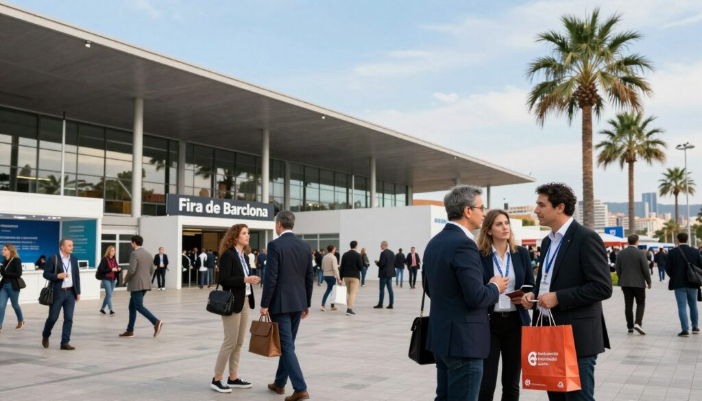 A bustling scene of Gran Via Fira in Barcelona with a focus on its modern architecture and vibrant surroundings. In the foreground, professional individuals in business attire are engaged in discussions, carrying shopping bags or briefcases, symbolizing the Seafood Expo Global. The middle ground showcases the sleek, contemporary design of the Fira de Barcelona, with clear signage and attendees moving towards the entrance. The background features palm trees and hints of the city skyline, under a bright blue sky with soft, natural lighting. The atmosphere is energetic and anticipatory, capturing the essence of a significant trade event. The image should reflect a professional business ambiance suitable for a HoReCa setting, with emphasis on logistics and accessibility.