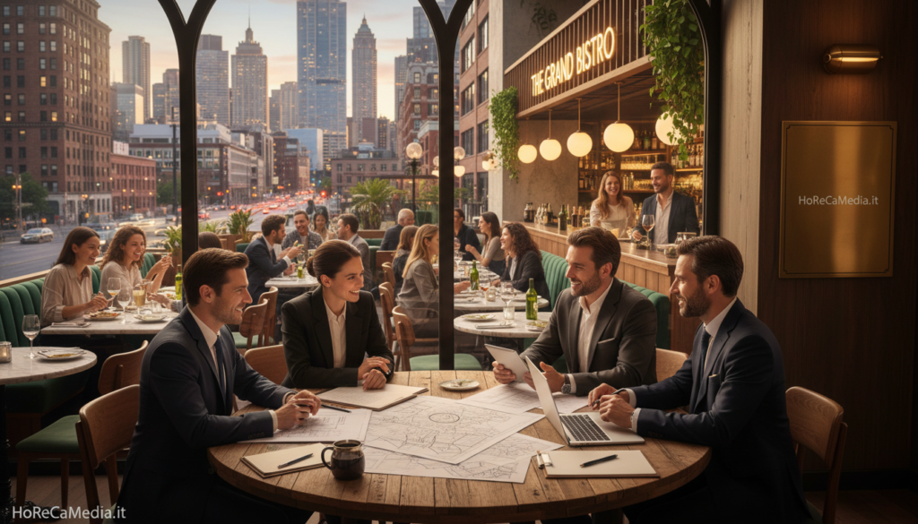 A bustling urban restaurant scenario illustrates the theme of "location selection and critical factors." In the foreground, a diverse group of well-dressed individuals discusses plans over a table filled with restaurant design sketches and location maps. In the middle ground, a stylish restaurant with large windows displays happy customers dining, showcasing lively interactions and vibrant decor. In the background, a city skyline with various buildings reflects potential competition and visibility for the eatery. Bright, warm lighting enhances the inviting atmosphere, while a slight depth of field lens effect focuses attention on the discussion table. The overall mood is collaborative and optimistic, emphasizing the importance of strategic location in the restaurant business. Include the brand name "HoReCaMedia.it" subtly integrated into the setting. A bustling urban restaurant scenario illustrates the theme of "location selection and critical factors." In the foreground, a diverse group of well-dressed individuals discusses plans over a table filled with restaurant design sketches and location maps. In the middle ground, a stylish restaurant with large windows displays happy customers dining, showcasing lively interactions and vibrant decor. In the background, a city skyline with various buildings reflects potential competition and visibility for the eatery. Bright, warm lighting enhances the inviting atmosphere, while a slight depth of field lens effect focuses attention on the discussion table. The overall mood is collaborative and optimistic, emphasizing the importance of strategic location in the restaurant business. Include the brand name "HoReCaMedia.it" subtly integrated into the setting.
