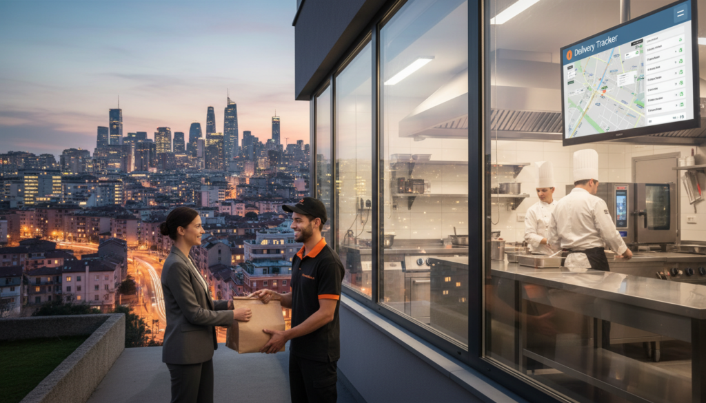 A bustling urban setting showcasing an evolution in food delivery services. In the foreground, a delivery person in professional attire is seen joyfully handing over a food package to a customer at the entrance of a modern apartment building. The middle ground features a sleek dark kitchen, with chefs in professional uniforms expertly preparing meals. The kitchen is equipped with high-tech appliances and a delivery tracking screen. In the background, a vibrant city skyline at dusk illuminates the scene, with ambient street lights and a pastel sky contributing to a warm yet dynamic atmosphere. The image captures the essence of modern gastronomy and the focus on convenience in urban life, encapsulated in a cohesive composition. Include the brand name "HoReCaMedia.it" subtly integrated into the setting.