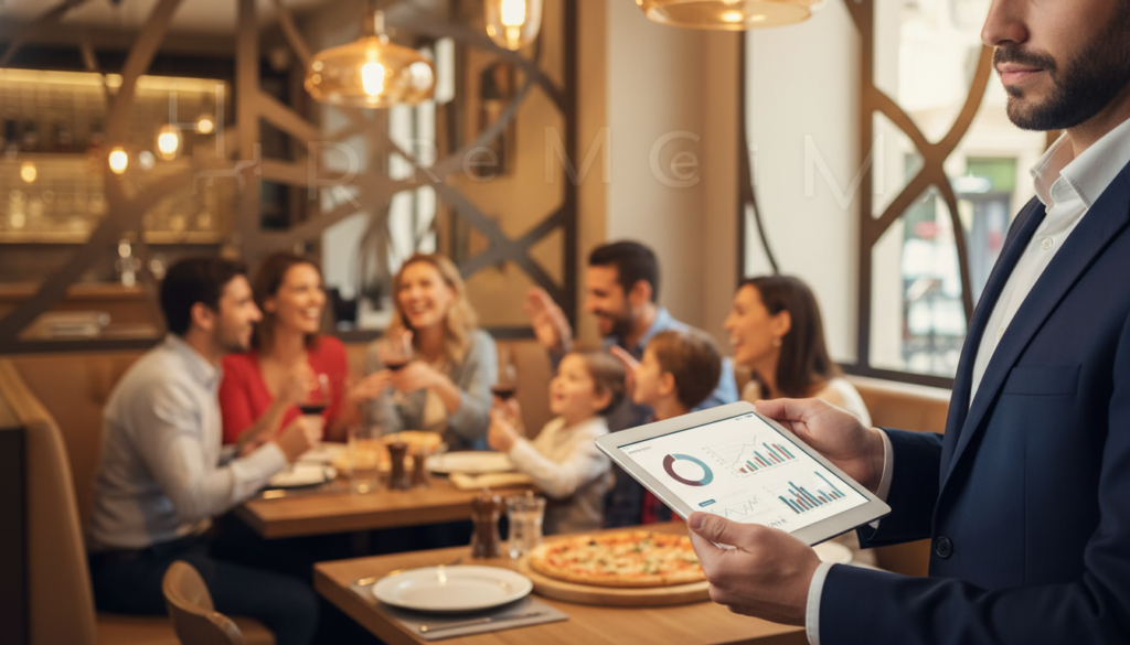 A busy restaurant interior, showcasing a diverse group of customers engaging in conversation over meals, depicted in a warm, welcoming atmosphere. In the foreground, a professional businessperson in smart attire analyzes a tablet displaying customer feedback data, with thoughtful expressions. The middle layer features subtle visuals of happy diners enjoying their meals, emphasizing positive sentiments. The background consists of a vibrant restaurant setting with soft warm lighting, creating an inviting ambiance. Use a shallow depth of field to focus on the businessperson, while softly blurring the background, suggesting the melding of customer experience and data analysis. The image conveys a mood of professionalism and insight. Reflect the brand "HoReCaMedia.it" prominently within the scene without any text or logos. A busy restaurant interior, showcasing a diverse group of customers engaging in conversation over meals, depicted in a warm, welcoming atmosphere. In the foreground, a professional businessperson in smart attire analyzes a tablet displaying customer feedback data, with thoughtful expressions. The middle layer features subtle visuals of happy diners enjoying their meals, emphasizing positive sentiments. The background consists of a vibrant restaurant setting with soft warm lighting, creating an inviting ambiance. Use a shallow depth of field to focus on the businessperson, while softly blurring the background, suggesting the melding of customer experience and data analysis. The image conveys a mood of professionalism and insight. Reflect the brand "HoReCaMedia.it" prominently within the scene without any text or logos.