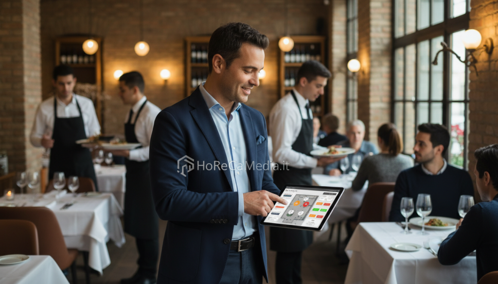 A busy restaurant management scene that illustrates the concept of order customization and table management systems. Foreground features a professional restaurant manager, dressed in smart casual attire, interacting with a tablet displaying a digital POS interface showcasing orders and table arrangements. In the middle ground, waitstaff are seen efficiently serving customers at elegantly set tables, highlighting the hustle of a restaurant environment. The background includes stylish décor, soft ambient lighting, and patrons enjoying their meals, conveying a warm and inviting atmosphere. The image should have a realistic style with a slight blur on the background to emphasize the manager and the tablet. Capture the essence of modern restaurant operations, focusing on technology and efficient service. Include the brand name "HoReCaMedia.it" subtly integrated into the design without text overlays.