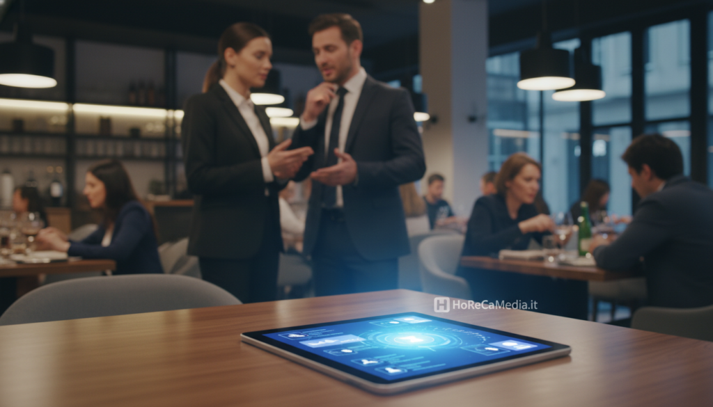 A captivating scene illustrating the concept of artificial intelligence in a HoReCa setting. In the foreground, a modern restaurant table with a tablet displaying a glowing AI interface, suggesting personalized dining experiences. In the middle ground, two professionals in business attire engage in a discussion about AI recommendations, highlighting the interaction between technology and human decision-making. The background features a stylish restaurant ambiance, with ambient lighting setting a warm, welcoming atmosphere. Soft focus on patrons enjoying their meals, subtly emphasizing the influence of AI on dining choices. The overall mood is innovative and forward-looking, suggesting the synergy between AI technology and the hospitality industry. Brand logo "HoReCaMedia.it" discreetly integrated into the scene.