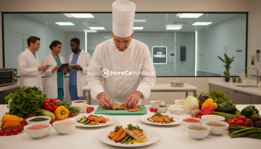 A clinical nutrition setting in a modern hospital kitchen, showcasing a vibrant meal being prepared by a professional chef wearing a white coat and a chef’s hat, surrounded by fresh vegetables, grains, and lean proteins. The foreground features a beautifully plated dish with a focus on color and variety, emphasizing the therapeutic aspect of clinical nutrition. In the background, an open kitchen layout with hospital staff reviewing nutritional plans and ingredients on tablets, creating a collaborative atmosphere. Soft, warm lighting illuminates the scene, highlighting the freshness of the ingredients and the professionalism of the staff. The overall mood is one of innovation and care in patient food service, reflecting the commitment of "HoReCaMedia.it" to improving hospital dining experiences.