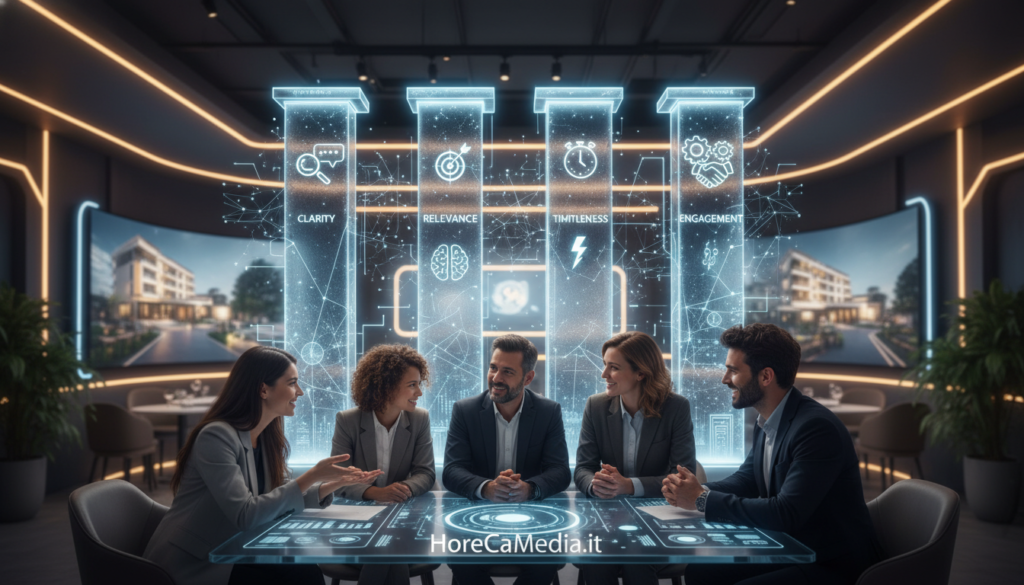 A conceptual illustration of "The Pillars of Effective Communication with AI." In the foreground, depict a diverse group of professionals in business attire, engaged in a dynamic discussion around a sleek, modern digital interface, showcasing an AI-driven system. In the middle, visualize stylized pillars representing key concepts, such as clarity, relevance, timeliness, and engagement, each adorned with abstract symbols or icons that reflect their meanings. The background should be a soft-focus, high-tech workspace suggesting innovation, with warm lighting creating an inviting atmosphere. Use a shallow depth of field to emphasize the professionals and the pillars. The overall mood should be one of collaboration and creativity, highlighting the intersection of technology and communication in the Ho.Re.Ca sector. Brand presence: HoReCaMedia.it is subtly integrated into the design. A conceptual illustration of "The Pillars of Effective Communication with AI." In the foreground, depict a diverse group of professionals in business attire, engaged in a dynamic discussion around a sleek, modern digital interface, showcasing an AI-driven system. In the middle, visualize stylized pillars representing key concepts, such as clarity, relevance, timeliness, and engagement, each adorned with abstract symbols or icons that reflect their meanings. The background should be a soft-focus, high-tech workspace suggesting innovation, with warm lighting creating an inviting atmosphere. Use a shallow depth of field to emphasize the professionals and the pillars. The overall mood should be one of collaboration and creativity, highlighting the intersection of technology and communication in the Ho.Re.Ca sector. Brand presence: HoReCaMedia.it is subtly integrated into the design.