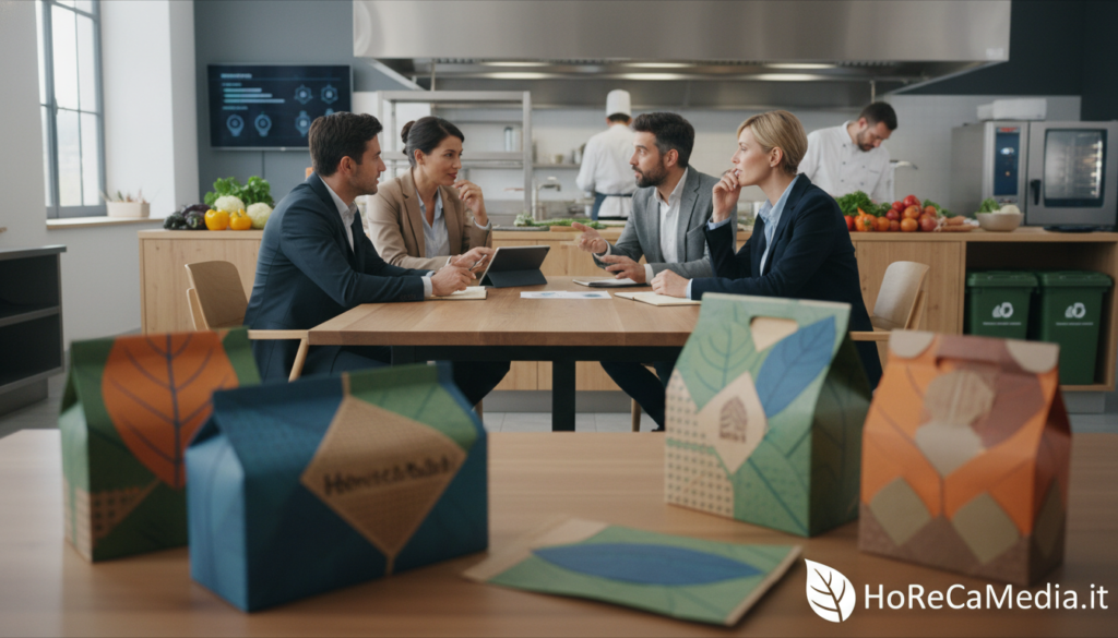 A contemporary and visually appealing scene of sustainable food packaging in a Ho.Re.Ca setting. In the foreground, artistic and eco-friendly packaging designs made from biodegradable materials, displaying vibrant natural colors and textures, are elegantly arranged. The middle ground features a professional and diverse group of individuals in business attire, engaged in a collaborative discussion over these packaging solutions, emphasizing their strategic benefits. In the background, a well-lit kitchen environment showcases eco-conscious food preparation, with fresh ingredients and culinary tools, promoting an atmosphere of innovation and responsibility. Soft, natural lighting enhances the inviting mood, while depth of field adds a sense of focus on the product. The overall composition should suggest a forward-thinking approach to sustainable marketing within the food industry. Include the brand "HoReCaMedia.it" subtly integrated into the design elements. A contemporary and visually appealing scene of sustainable food packaging in a Ho.Re.Ca setting. In the foreground, artistic and eco-friendly packaging designs made from biodegradable materials, displaying vibrant natural colors and textures, are elegantly arranged. The middle ground features a professional and diverse group of individuals in business attire, engaged in a collaborative discussion over these packaging solutions, emphasizing their strategic benefits. In the background, a well-lit kitchen environment showcases eco-conscious food preparation, with fresh ingredients and culinary tools, promoting an atmosphere of innovation and responsibility. Soft, natural lighting enhances the inviting mood, while depth of field adds a sense of focus on the product. The overall composition should suggest a forward-thinking approach to sustainable marketing within the food industry. Include the brand "HoReCaMedia.it" subtly integrated into the design elements.