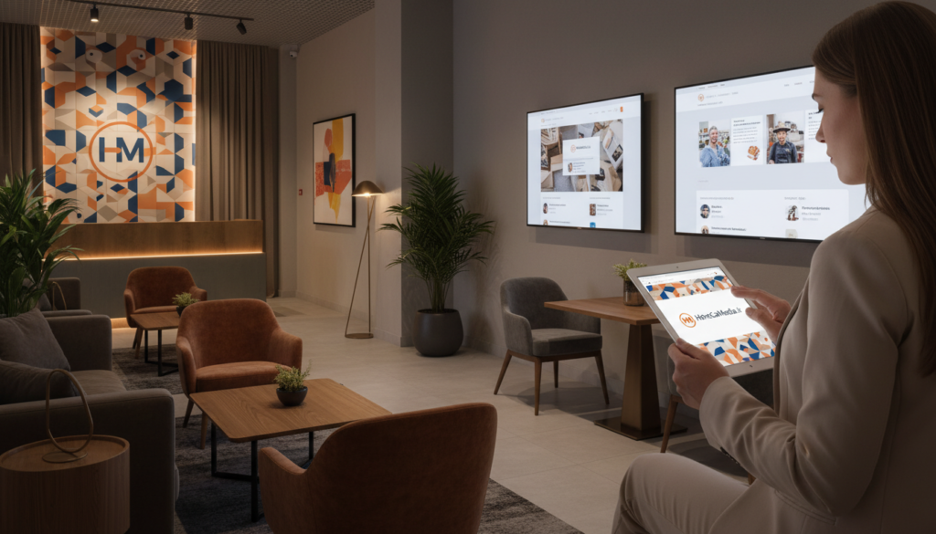 A contemporary hospitality setting showcasing a seamless brand identity. In the foreground, a professional business person, dressed in smart casual attire, is engaging with a digital tablet displaying a cohesive brand design correlating with the HoReCaMedia.it logo. The middle ground features a well-decorated lobby or dining area, complete with tasteful furnishings that reflect the brand's values of elegance and warmth. In the background, digital screens subtly display the brand’s online presence, creating an integrated digital environment. The lighting is warm and inviting, with soft shadows adding depth, captured from a slightly elevated angle to convey dynamism. The overall atmosphere is professional yet welcoming, embodying the essence of coherent brand identity in the hospitality sector.