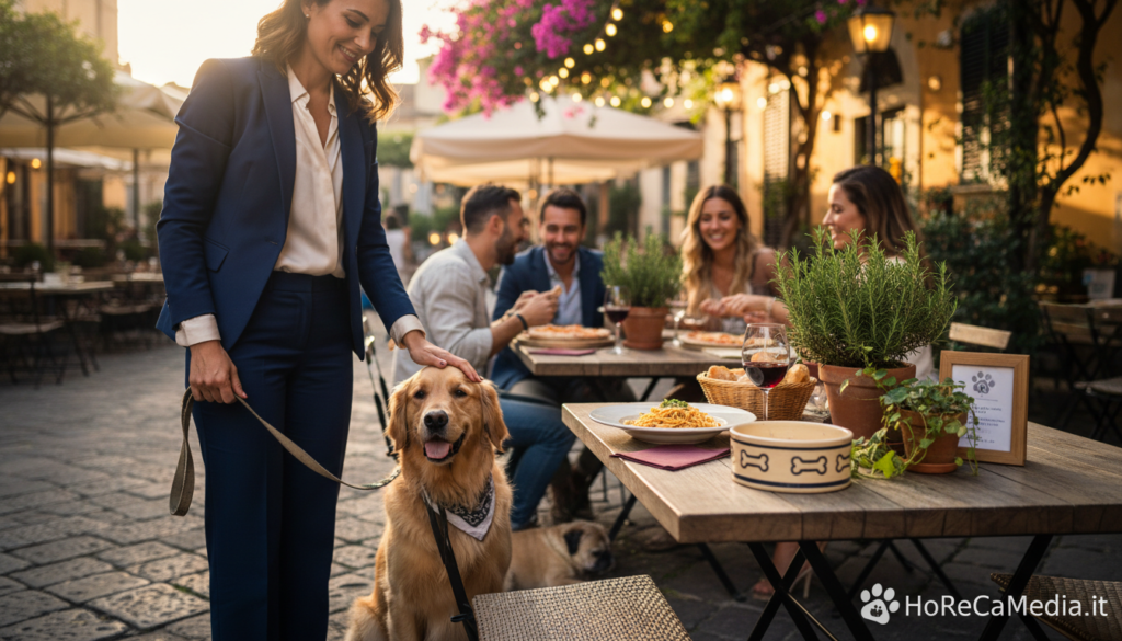 A cozy outdoor restaurant scene in Italy, showcasing a welcoming atmosphere for dogs. In the foreground, a friendly dog sits calmly beside its owner, a well-dressed individual in professional attire. The middle ground features a stylish wooden table with a hearty Italian meal and water bowl for dogs, adorned with potted plants and subtle decorative touches. In the background, patrons enjoy their meals, some with dogs peacefully resting at their feet. The scene is bathed in warm sunlight, creating a relaxed mood. Capture this moment with a shallow depth of field to focus on the interactions between the people and their pets while ensuring clarity in the beautifully designed restaurant environment. Aim for a vibrant and inviting composition, aligned with the theme of pet-friendly dining. HoReCaMedia.it