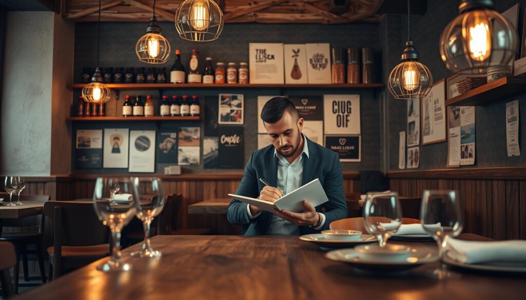 A cozy restaurant interior that embodies the essence of introspective analysis for brand identity. The foreground features a rustic wooden dining table set with elegant tableware, reflecting attentiveness to detail. In the middle, a thoughtful restaurant owner, dressed in professional attire, sketches ideas on a notebook, surrounded by mood boards showcasing various branding concepts. The background includes warm, ambient lighting hanging from vintage pendant lights, complemented by a shelf of artfully arranged spices and herbs enhancing the inviting atmosphere. Through a wide-angle lens, the scene captures a harmonious blend of creativity and introspection. The mood should evoke a sense of purpose and inspiration, highlighting thoughtful brand development within the HoReCa sector. Illustrate the essence of "analisi introspettiva ristorante" while ensuring the image is tasteful and professional. A cozy restaurant interior that embodies the essence of introspective analysis for brand identity. The foreground features a rustic wooden dining table set with elegant tableware, reflecting attentiveness to detail. In the middle, a thoughtful restaurant owner, dressed in professional attire, sketches ideas on a notebook, surrounded by mood boards showcasing various branding concepts. The background includes warm, ambient lighting hanging from vintage pendant lights, complemented by a shelf of artfully arranged spices and herbs enhancing the inviting atmosphere. Through a wide-angle lens, the scene captures a harmonious blend of creativity and introspection. The mood should evoke a sense of purpose and inspiration, highlighting thoughtful brand development within the HoReCa sector. Illustrate the essence of "analisi introspettiva ristorante" while ensuring the image is tasteful and professional.
