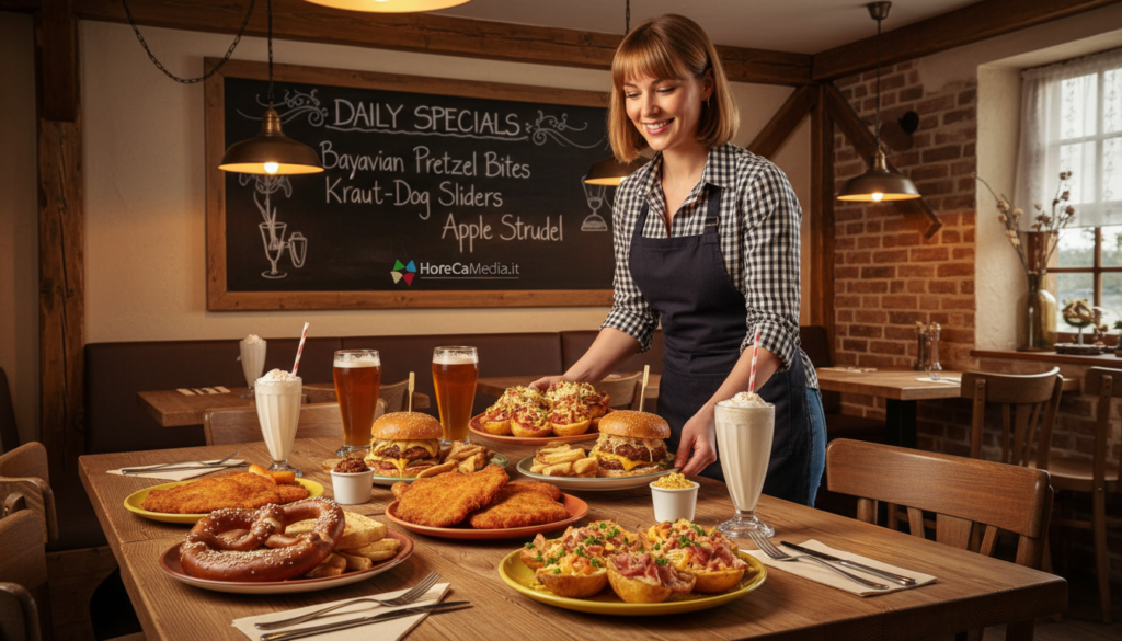 A cozy restaurant scene featuring a fusion of German and American comfort food, showcasing a beautifully arranged table with hearty dishes such as schnitzel, pretzels, burgers topped with sauerkraut, and loaded potato skins. The foreground features a warm wooden table with colorful plates, cutlery, and glasses filled with refreshing beverages. In the middle, a welcoming waitress in smart casual attire serves food, creating an inviting atmosphere. The background includes rustic wooden decor, dim hanging lights, and a chalkboard menu displaying daily specials. Soft, warm lighting enhances the comforting mood. The scene captures the essence of comfort food culture in a stylish HoReCa setting, perfect for an engaging visual representation. HoReCaMedia.it