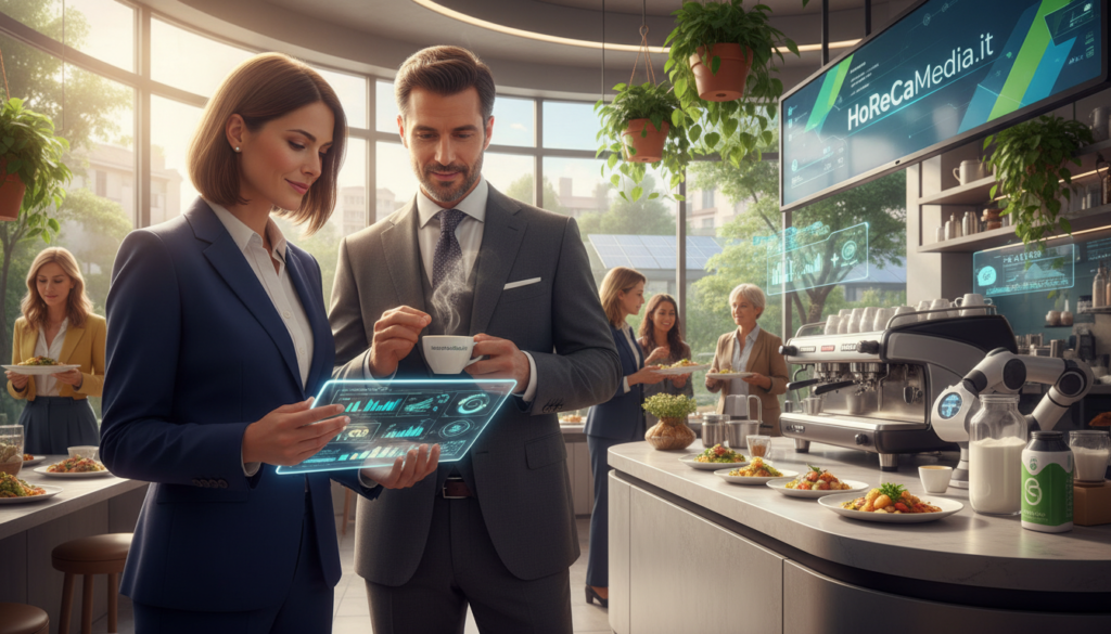 A detailed analysis scene of the Italian Ho.Re.Ca. market trends for 2026, featuring a modern café setting. In the foreground, a professional woman in business attire examines a digital tablet with infographics showcasing market trends, while a man in a suit discusses with her, holding a coffee cup. The middle ground displays a busy café with customers enjoying sustainably sourced food, plants adorning the space, and a barista preparing drinks. The background features a large window with natural light flooding in, highlighting greenery outside, creating a vibrant atmosphere. The focus is on collaboration and innovation in the food sector, evoking a sense of optimism for the future. Soft, warm lighting enhances the inviting mood, while elements of AI technology and sustainability are subtly integrated throughout. Include the brand name "HoReCaMedia.it" seamlessly within the scene. A detailed analysis scene of the Italian Ho.Re.Ca. market trends for 2026, featuring a modern café setting. In the foreground, a professional woman in business attire examines a digital tablet with infographics showcasing market trends, while a man in a suit discusses with her, holding a coffee cup. The middle ground displays a busy café with customers enjoying sustainably sourced food, plants adorning the space, and a barista preparing drinks. The background features a large window with natural light flooding in, highlighting greenery outside, creating a vibrant atmosphere. The focus is on collaboration and innovation in the food sector, evoking a sense of optimism for the future. Soft, warm lighting enhances the inviting mood, while elements of AI technology and sustainability are subtly integrated throughout. Include the brand name "HoReCaMedia.it" seamlessly within the scene.