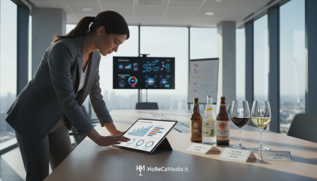 A detailed analysis scene showcasing the beverage market in the Ho.Re.Ca. sector. In the foreground, focus on a professional market analyst, dressed in smart business attire, reviewing charts and graphs on a digital tablet. In the middle ground, display a well-organized conference table with beverage samples, like craft beers, artisanal sodas, and fine wines, highlighting the growing categories for 2026. The background features a modern office setting with large windows allowing natural light to flood the space, creating an energetic and forward-looking atmosphere. The overall mood should be dynamic and professional, conveying the importance of current statistics and trends in the beverage market. Include subtle branding elements that represent HoReCaMedia.it seamlessly in the design.