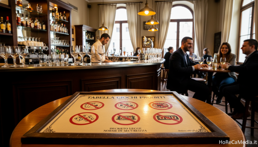 A detailed depiction of a "tabella giochi proibiti" prominently displayed in a warm, inviting bar environment. In the foreground, a polished wooden table showcases the tabella, featuring various illustrations of games with a clear prohibition symbol overlay. The middle ground highlights a well-organized bar counter, lined with elegant glassware and bottles of assorted beverages. In the background, soft ambient lighting casts a cozy glow across the room, with patrons seated at tables, engaged in conversations, dressed in smart-casual attire. The atmosphere reflects a lively yet professional setting. Use a wide-angle lens to capture the essence of the HoReCa industry, creating a sense of inclusion while focusing on safety and compliance. The overall mood is friendly and welcoming, emphasizing the importance of regulations in public spaces. HoReCaMedia.it.