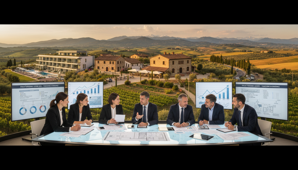 A detailed panorama of the Italian tourism sector, showcasing a vibrant landscape of various hospitality settings such as hotels, agriturismos, and other accommodations. In the foreground, depict professionals in smart business attire engaging in discussions, analyzing documents, and collaborating over plans. In the middle ground, feature a blend of modern hotels and traditional agriturismos, highlighting architectural diversity representative of Italy’s rich cultural heritage. The background should encompass rolling hills and scenic vistas that evoke Italy's natural beauty. Use warm, inviting lighting to create a dynamic atmosphere that conveys growth and optimism for 2026. Capture this energetic scene with a wide-angle lens perspective that emphasizes depth and detail. Include visual elements related to HoReCa settings to reinforce the theme of the tourism law overview. A detailed panorama of the Italian tourism sector, showcasing a vibrant landscape of various hospitality settings such as hotels, agriturismos, and other accommodations. In the foreground, depict professionals in smart business attire engaging in discussions, analyzing documents, and collaborating over plans. In the middle ground, feature a blend of modern hotels and traditional agriturismos, highlighting architectural diversity representative of Italy’s rich cultural heritage. The background should encompass rolling hills and scenic vistas that evoke Italy's natural beauty. Use warm, inviting lighting to create a dynamic atmosphere that conveys growth and optimism for 2026. Capture this energetic scene with a wide-angle lens perspective that emphasizes depth and detail. Include visual elements related to HoReCa settings to reinforce the theme of the tourism law overview.