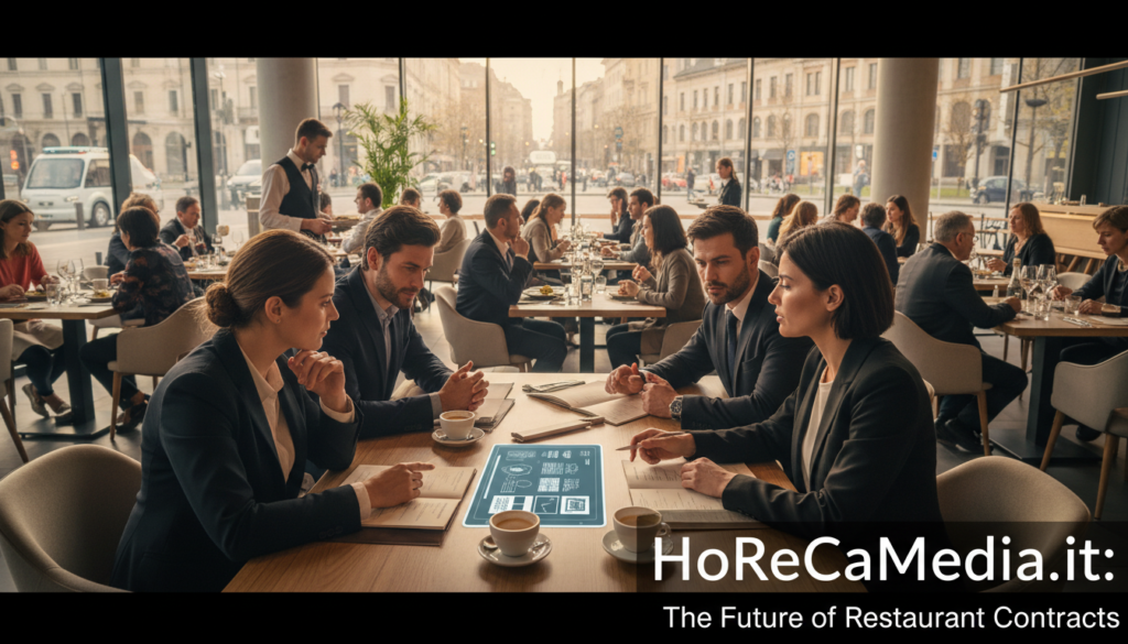 A detailed panorama of the restaurant contract landscape in 2026, showcasing a bustling HoReCa setting. In the foreground, a diverse group of professionals dressed in smart business attire engage in a discussion over a contract on a stylish wooden table, surrounded by menus and coffee cups. The middle ground features a modern restaurant environment with patrons enjoying meals, while waitstaff in crisp uniforms serve diners efficiently. In the background, large windows reveal a vibrant city street, adding depth with animated urban life. Utilize warm, inviting lighting to create a professional yet welcoming atmosphere, capturing the essence of the evolving dining industry. The image should reflect the dynamics of employment contracts in the restaurant sector for HoReCaMedia.it, emphasizing professionalism and collaboration.