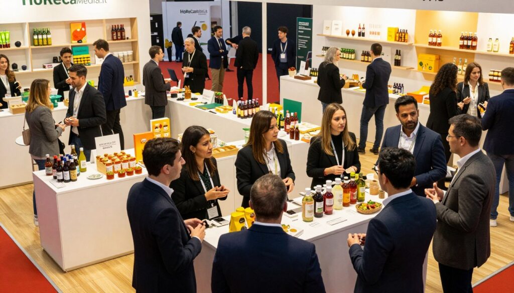 A dynamic and engaging scene showcasing a food and beverage start-up at SIAL 2026. In the foreground, a diverse team of professionals in business attire is animatedly discussing innovative products featuring organic ingredients and sustainable packaging. The middle ground features a modern exhibition booth adorned with vibrant displays of gourmet foods, beverages, and eco-friendly materials. The background presents a bustling trade fair environment, with attendees networking and exploring products, under bright, warm lighting that conveys an inviting atmosphere. Capture this moment from a slightly elevated angle, emphasizing the energy and collaboration that startups bring to the food industry. The image should encapsulate the spirit of innovation in the HoReCa sector, branded with "HoReCaMedia.it" subtly integrated into the booth design.