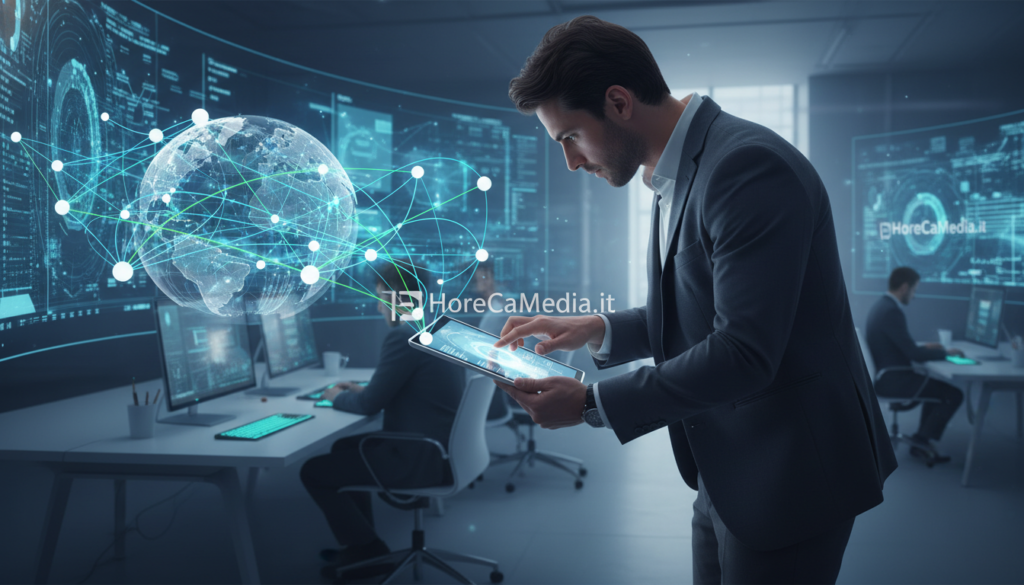 A dynamic and informative illustration depicting the inner workings of Google's AI Mode in a search engine context. In the foreground, show a professional individual, dressed in smart business attire, analyzing data on a sleek digital tablet. In the middle ground, visualize abstract representations of search algorithms, with intertwined lines and nodes symbolizing connectivity and information flow. The background should feature a high-tech office setting with soft, ambient lighting, creating a sophisticated and modern atmosphere. Use a wide-angle lens effect to enhance depth and focus on the interaction between the individual and the digital data. The overall mood is one of innovation and technological advancement. Include the brand name "HoReCaMedia.it" subtly integrated into the design.
