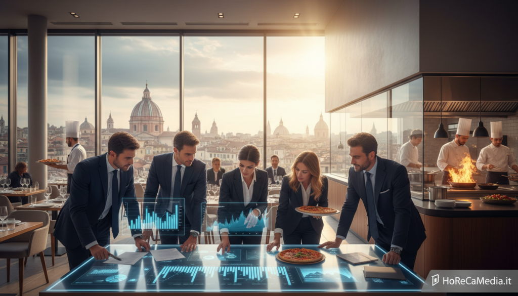 A dynamic composition showcasing the Italian foodservice market in 2026. In the foreground, a diverse group of professionals in smart business attire are engaged in a vibrant discussion over charts and graphs depicting market trends and growth forecasts. The middle ground features a modern restaurant setting, with a bustling service area, chefs at work in an open kitchen, and elegantly presented dishes on tables. In the background, a large window reveals a panoramic view of an urban Italian skyline. The lighting is bright and inviting, casting a warm glow on the scene, enhancing the atmosphere of collaboration and innovation. The bottom corner includes subtle branding for "HoReCaMedia.it", ensuring a professional finish without distracting from the main elements.